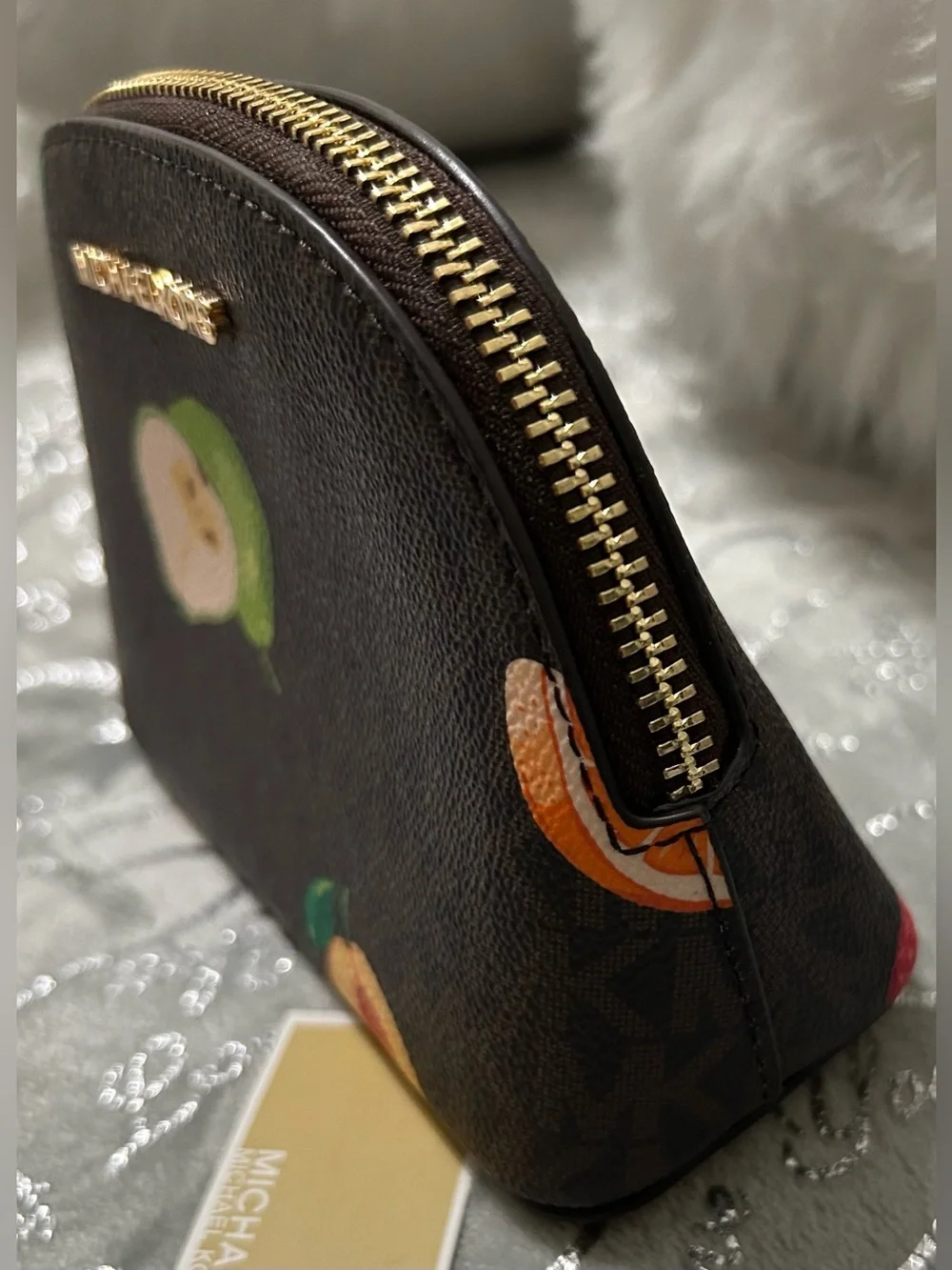 NWT Michael Kors Small Jet Brown Cosmetic Pouch-Pink/Green/Yellow Fruit Print